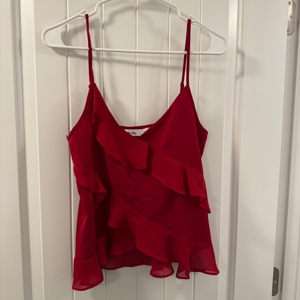 Elodie Dark Red Asymmetric Ruffle Top Women’s Small